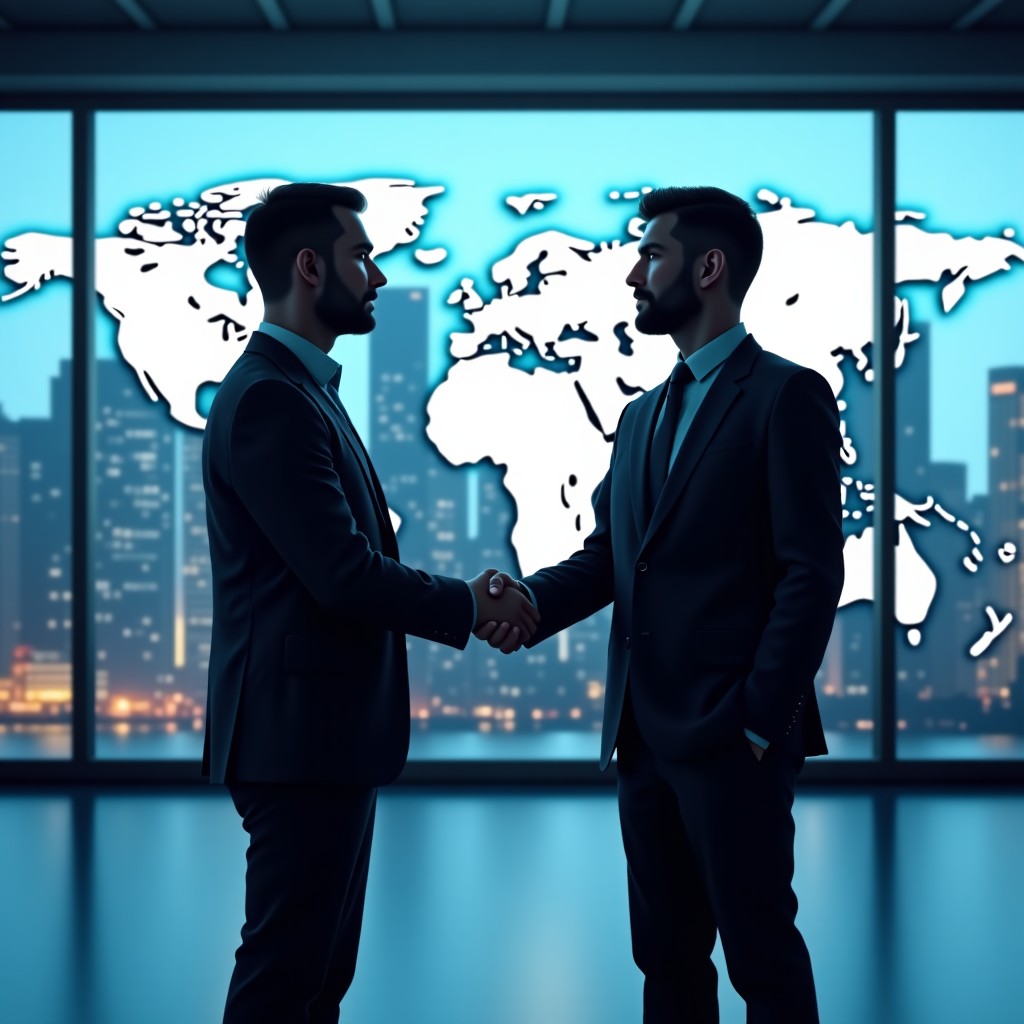 A professional and high-tech corporate meeting room with a large digital screen showing global connectivity maps and data charts. Two professional business figures are shaking hands in front of a glass wall overlooking a modern city skyline. The atmosphere is sophisticated and futuristic. 4:3