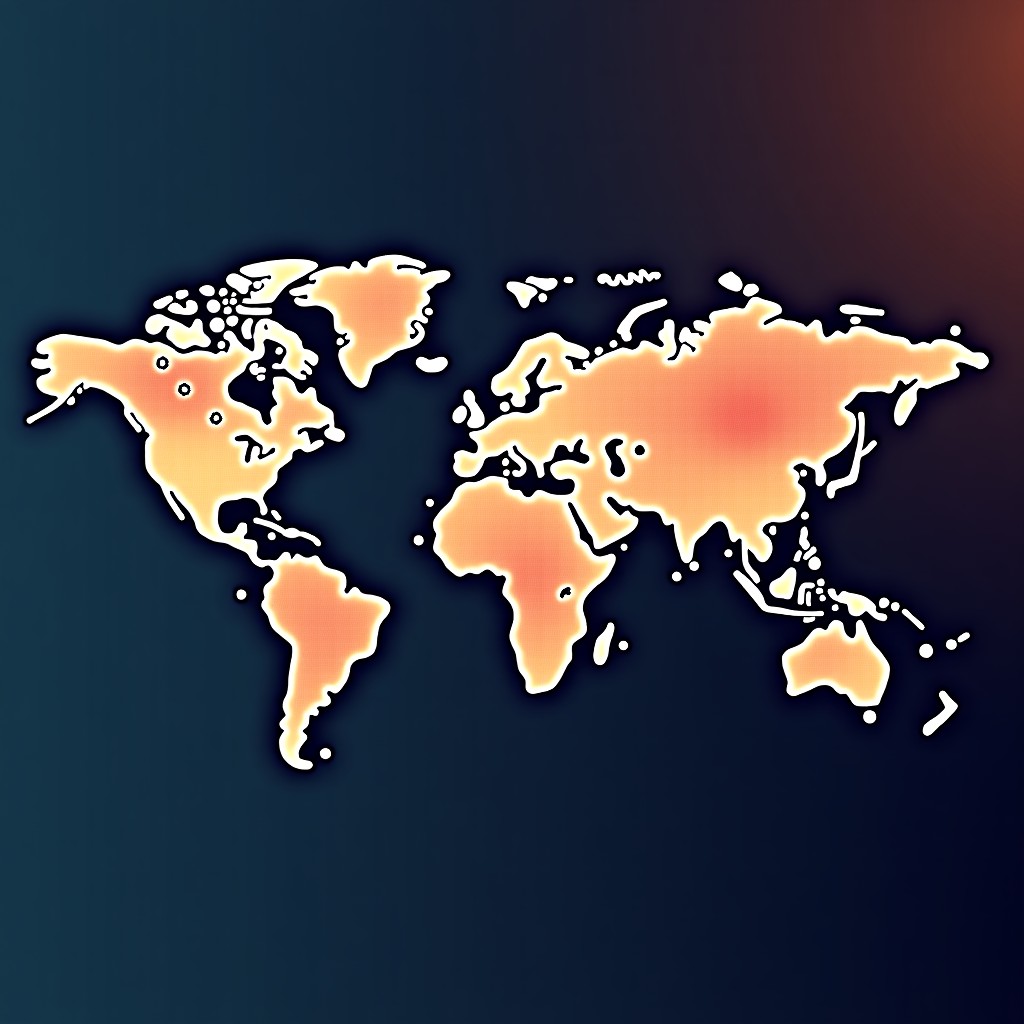 Abstract global communication map with digital nodes and lines, warm and cool color contrast, professional graphic design style, 4:3 ratio