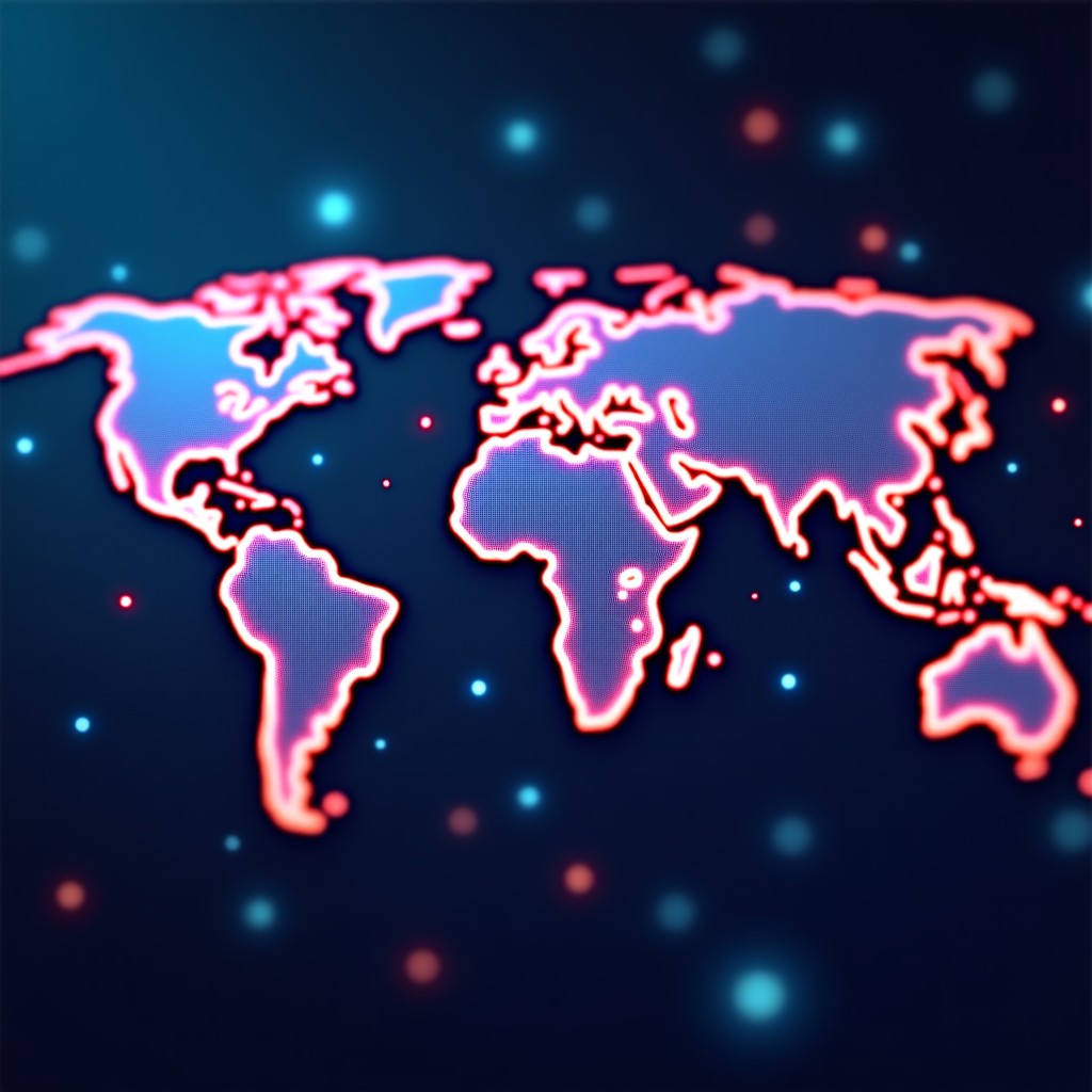 Abstract digital visualization of a global neural network connecting high-tech hubs around the world, vibrant data streams, artistic rendering, 4:3