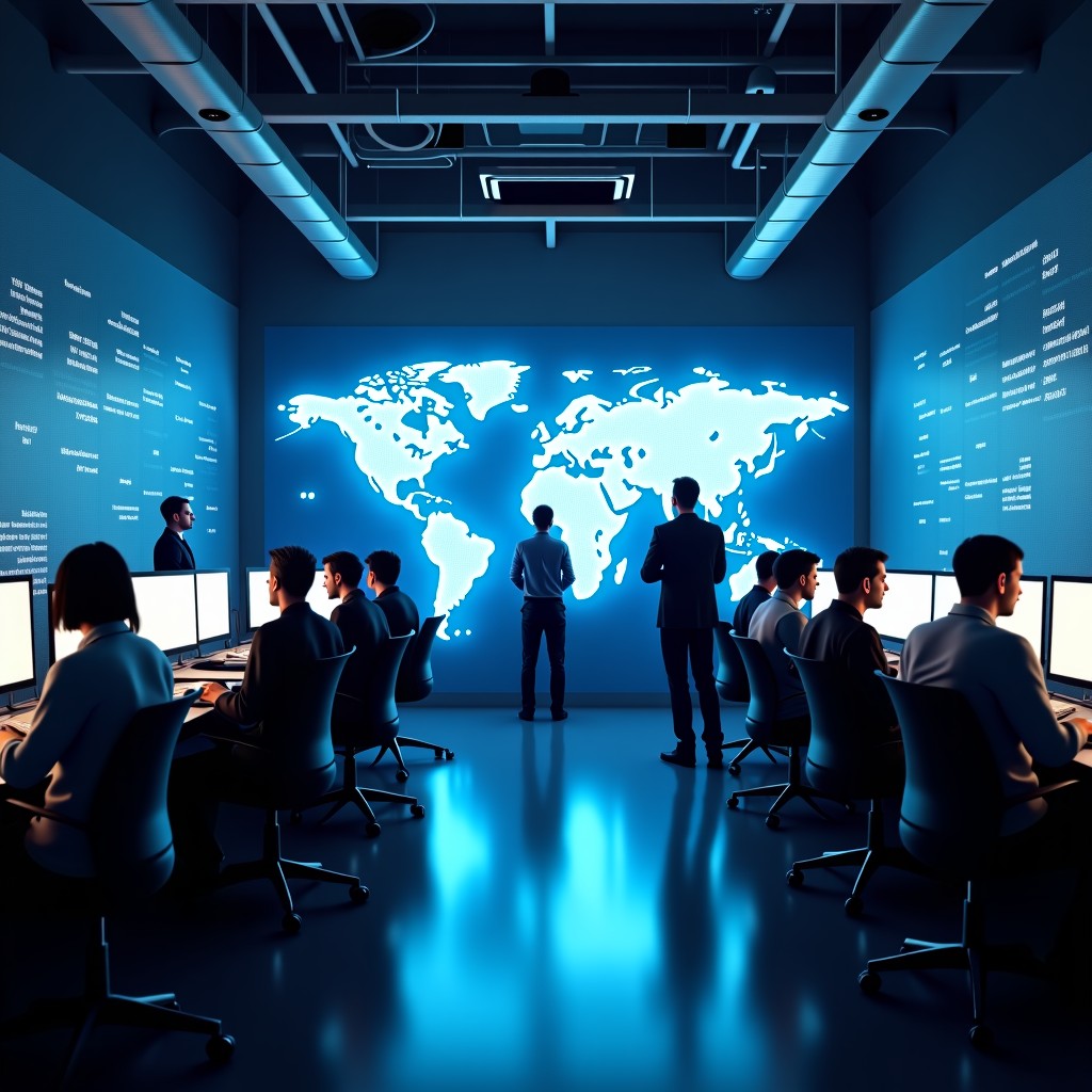 A wide shot of a modern tech hub office with people collaborating, digital screens showing global network connections, cinematic lighting, 4:3