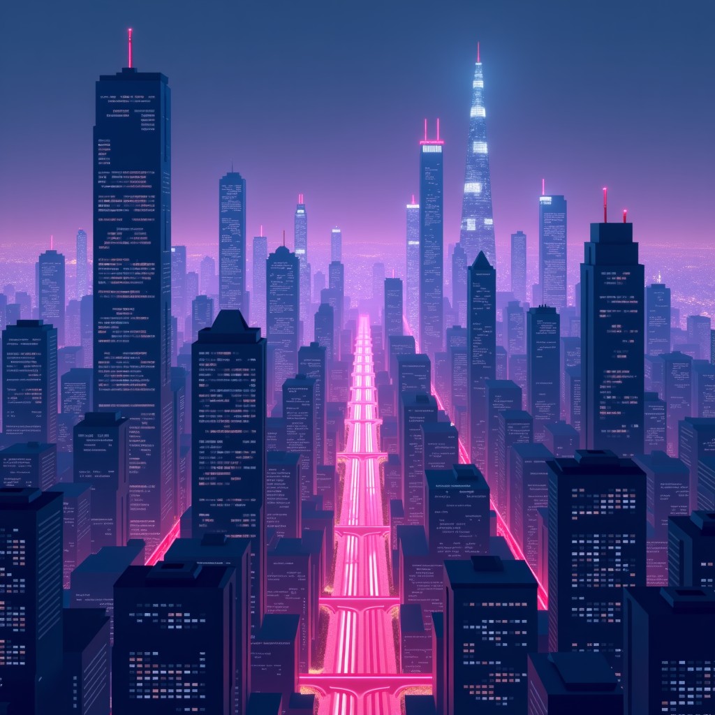 A futuristic cityscape at night where buildings are connected by visible beams of light. The city is glowing with data activity and high-tech energy. Realistic cinematic lighting with a deep purple and cyan palette. No text. 4:3