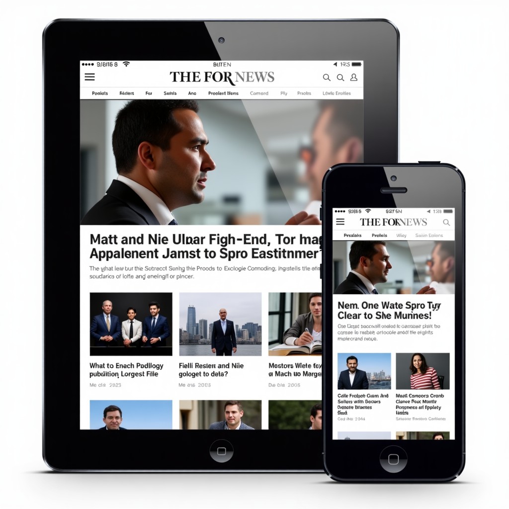A collage of various high-end news publication websites displayed on a sleek tablet and smartphone. Clean typography, professional layout, natural lighting, 4:3.