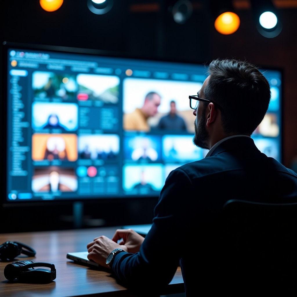 A professional cinematic director looking at a large screen displaying complex visual production details, modern high-tech studio environment, 4:3 aspect ratio.