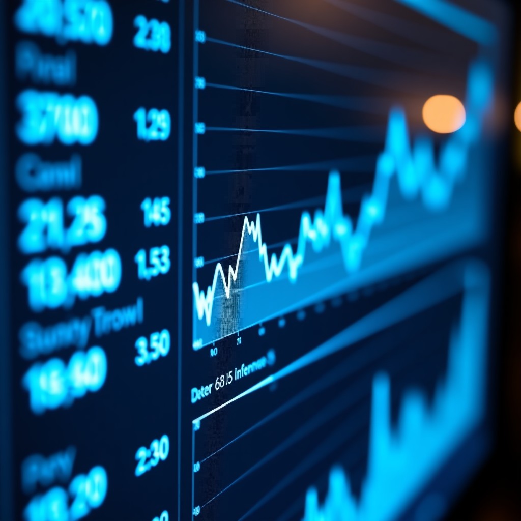 A sleek digital display showing financial growth charts and stock market data with a subtle Pinterest logo integrated into the background. Professional financial aesthetic, blue and white tones. 4:3