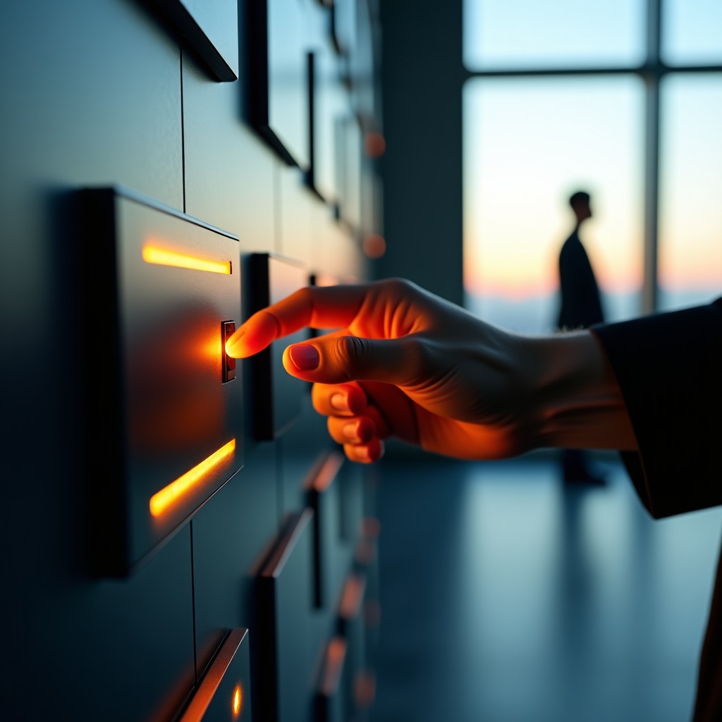 Close-up of a human hand flipping a mechanical switch on a glowing futuristic panel. In the background, a person is looking out a window at a natural landscape, symbolizing a return to human thought. Detailed textures, cinematic composition. 1:1