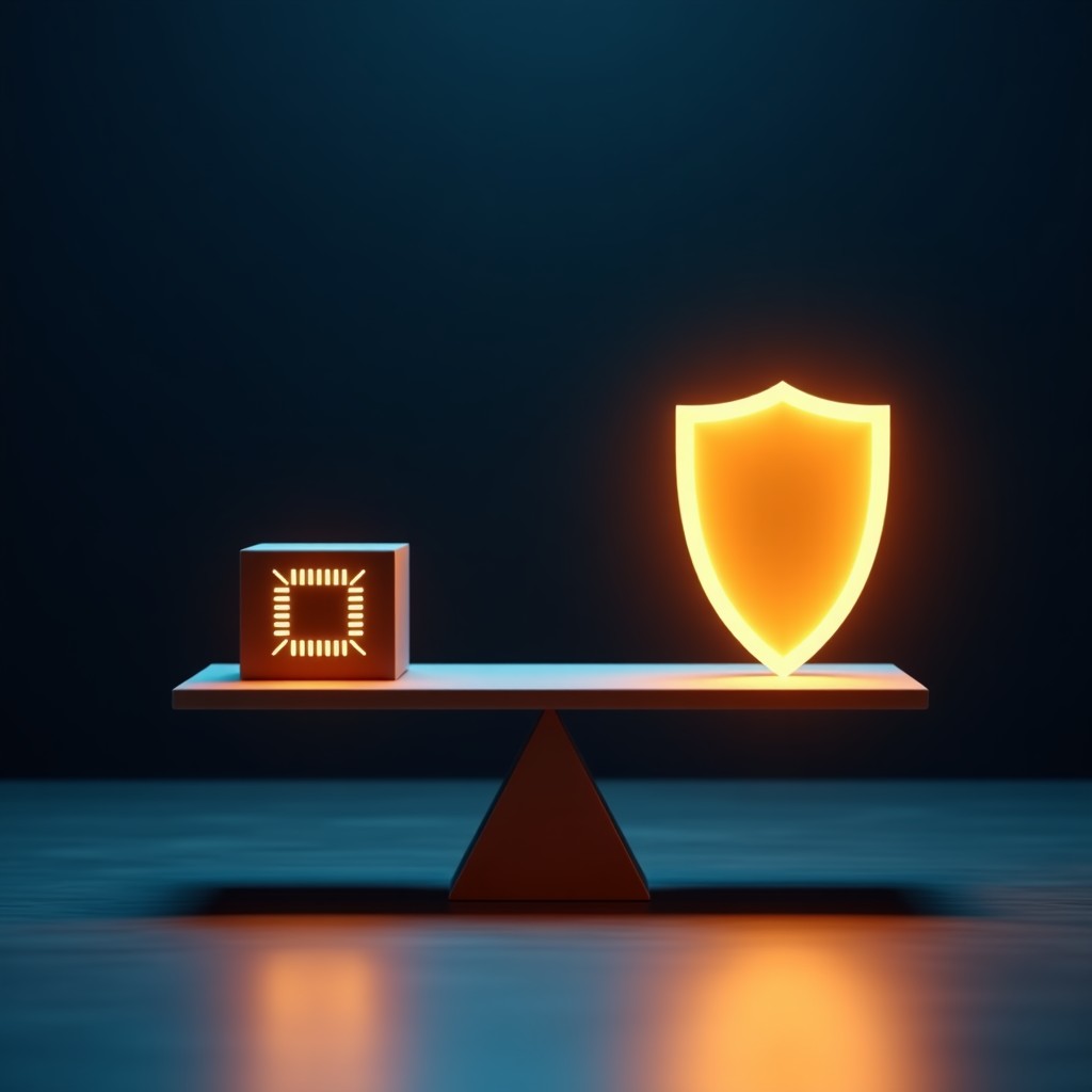 Balanced scales concept with a microchip on one side and a shield on the other, professional minimalist lighting, cinematic composition, 4:3
