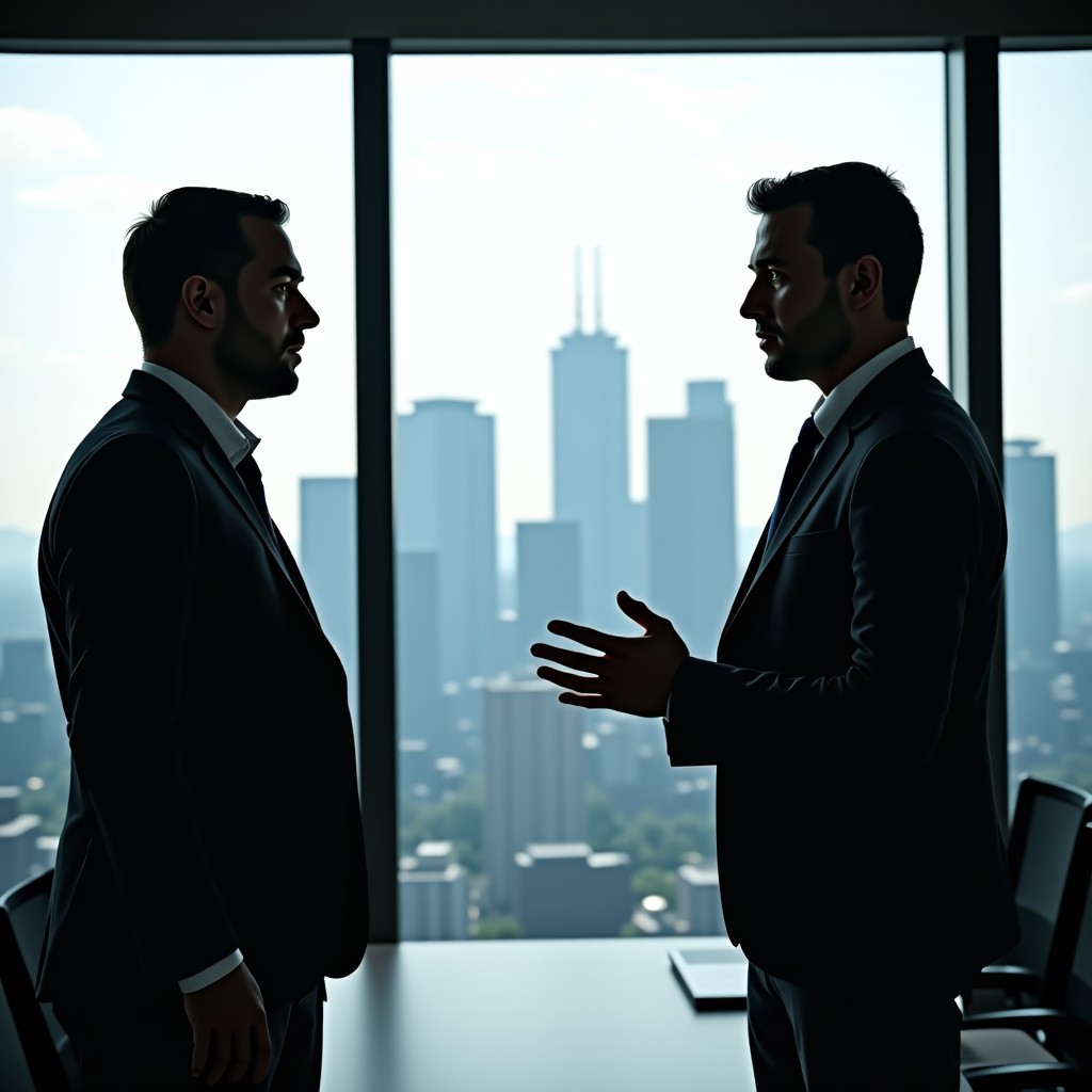 Two business professionals in a modern office having a serious conversation. A large window in the background shows a city skyline. Professional photography style, 4:3.