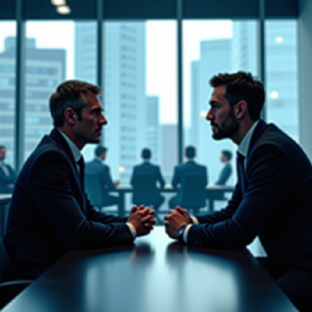 Professional office setting showing an intense corporate negotiation atmosphere with abstract digital elements overlay, sharp focus, 4:3 aspect ratio.