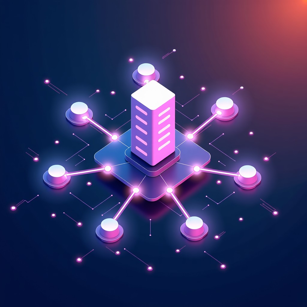 Modern abstract illustration representing business restructuring and efficiency, glowing digital lines connecting modular shapes, professional workspace aesthetic, vibrant cool tones, 4:3