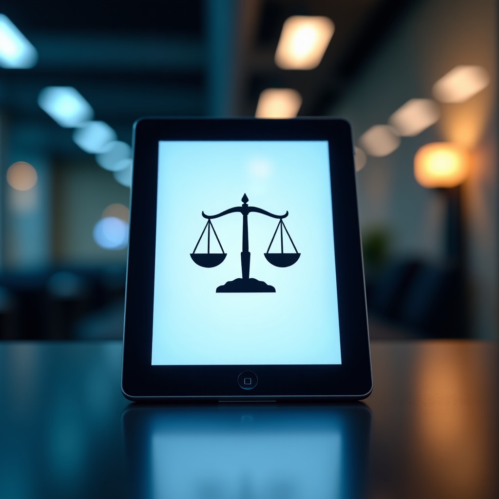 A sleek digital tablet displaying a legal document with a stylized balance scale icon, high-tech background, professional atmosphere, bright and balanced lighting, 4:3