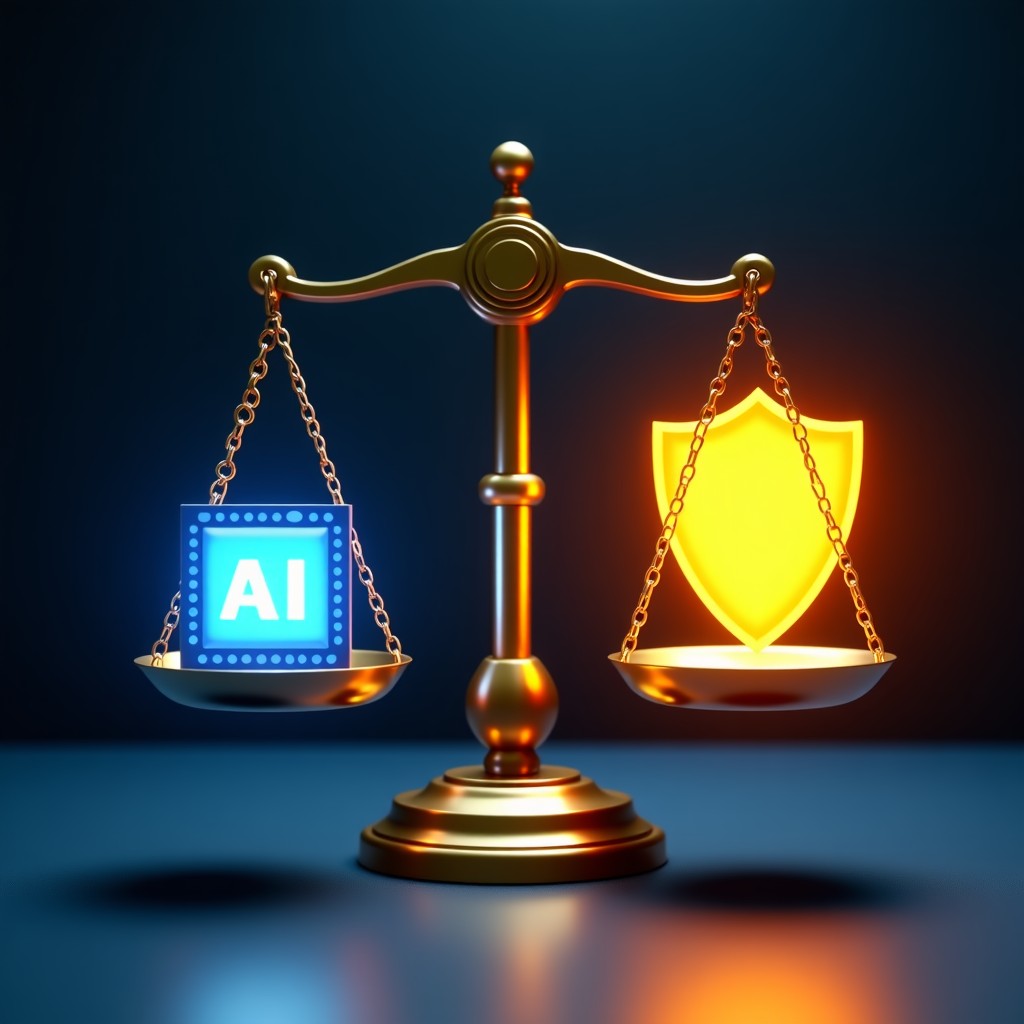 A balanced scale with a glowing AI chip on one side and a symbolic shield on the other, professional lighting, cinematic background, 1:1