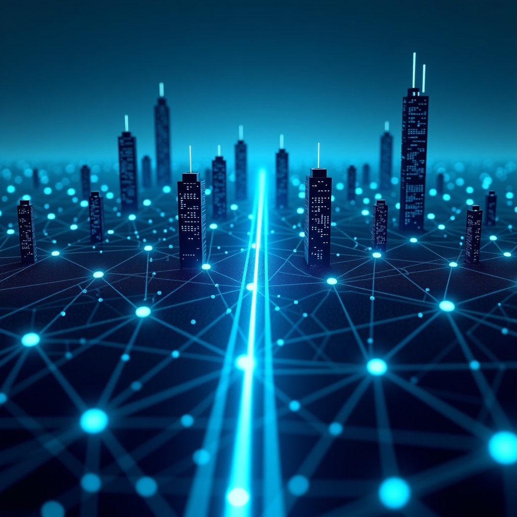 Futuristic cityscape combined with human network nodes, glowing connections, high contrast, clean minimalist composition, 1:1
