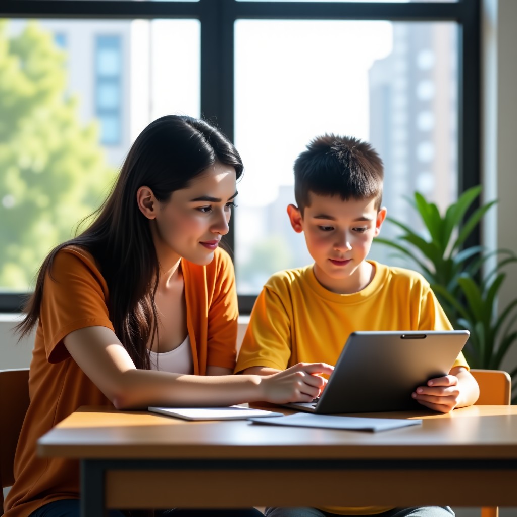 A teacher and a student looking at a digital tablet together in a sunny classroom, the background shows a clean eco-friendly city, realistic lifestyle photography, 4:3