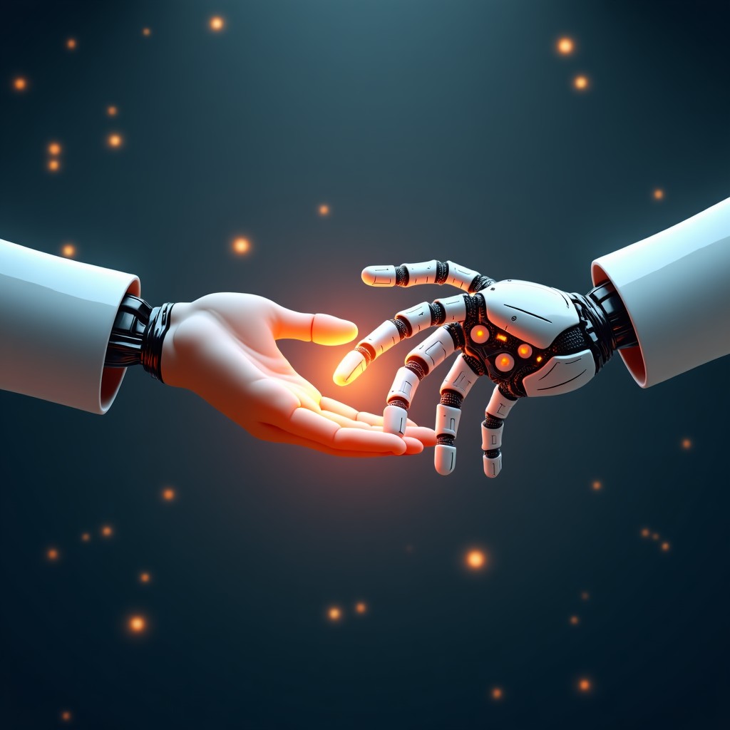 An artistic rendering of a human hand and a robotic hand meeting in a clean digital space. Glowing particles and soft light. 4:3