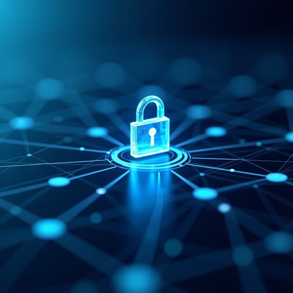 Digital security concept, a padlock icon integrated into a futuristic grid, cold blue tones, clean composition, minimalist design, 4:3 aspect ratio.