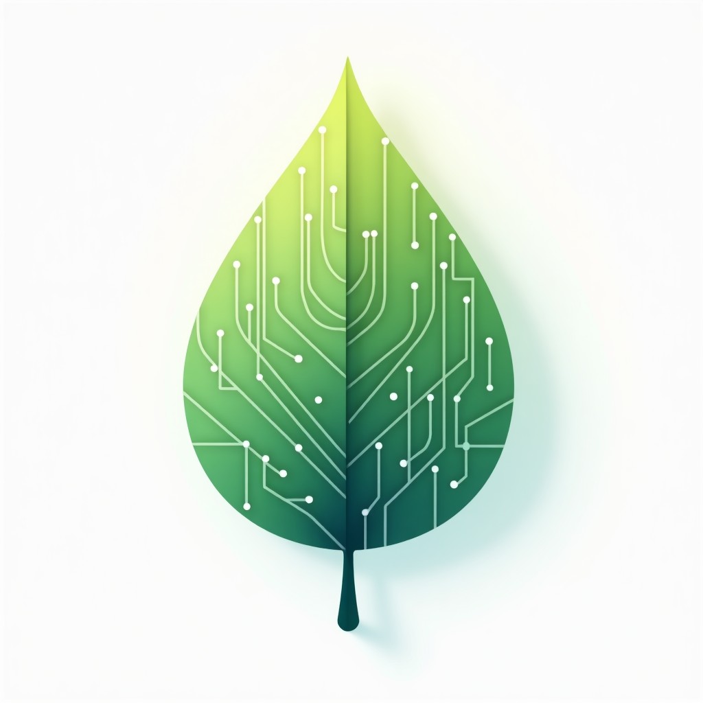 A conceptual illustration of a green leaf intertwined with digital circuitry patterns. Soft pastel colors, clean white background, high contrast. Represents the balance between advanced technology and environmental consciousness. No text. 1:1