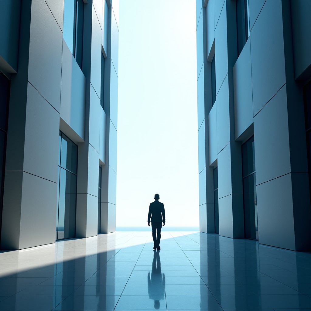A wide view of a modern urban space with a person walking away from a digital screen, bright daylight, high resolution, 4:3
