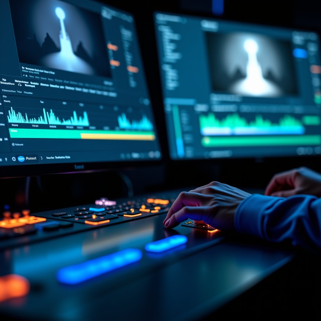 Sophisticated computer interface with complex data processing for film editing, close up, dark theme, futuristic aesthetic, 4:3 aspect ratio.