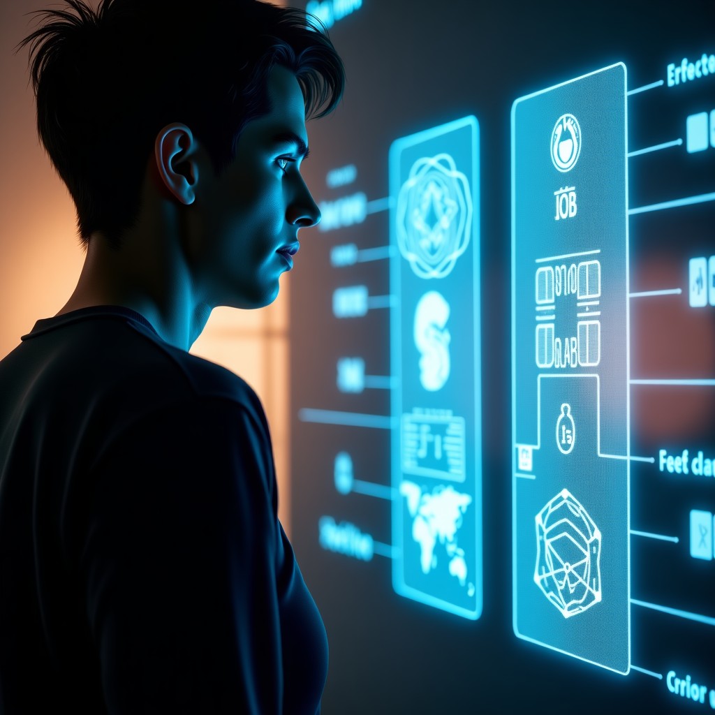 A professional individual looking at two glowing holograms representing different AI paths. One side shows organic and peaceful patterns, the other shows structured and cold digital grids. Warm ambient lighting. 4:3