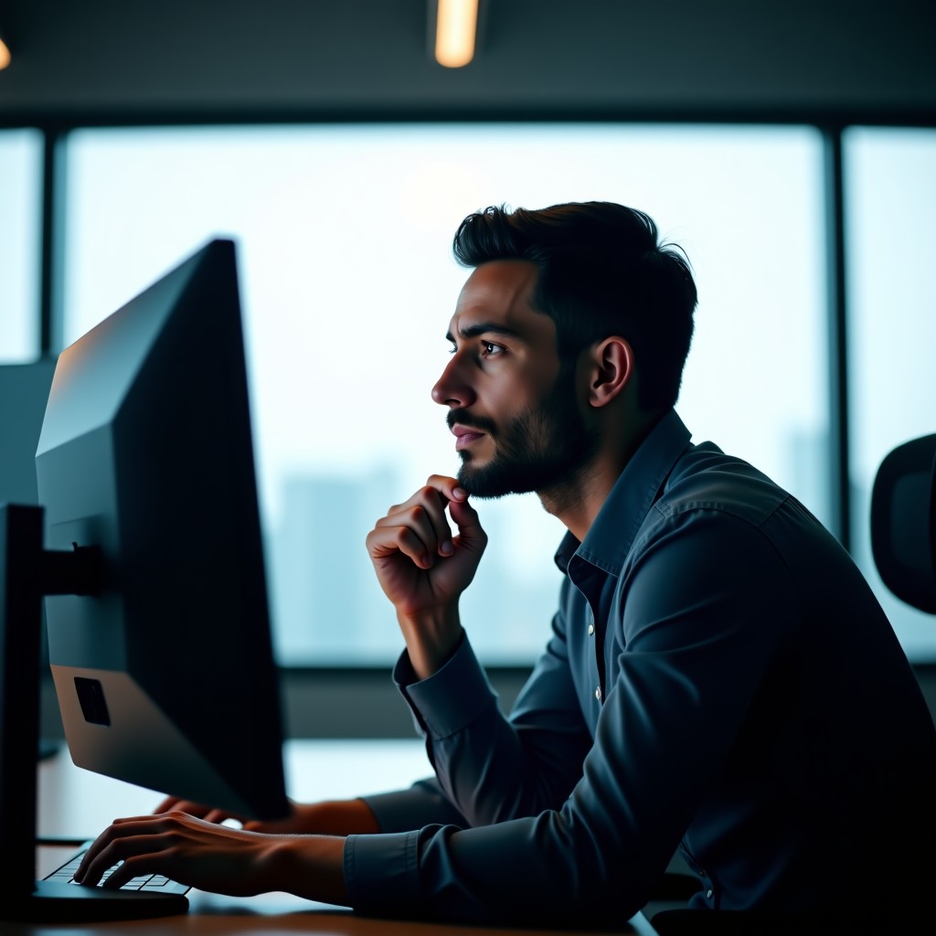 A cinematic shot of a modern office space, thoughtful expression of a tech professional looking at a monitor, dramatic natural lighting coming through the window, shallow depth of field, 4:3 aspect ratio.