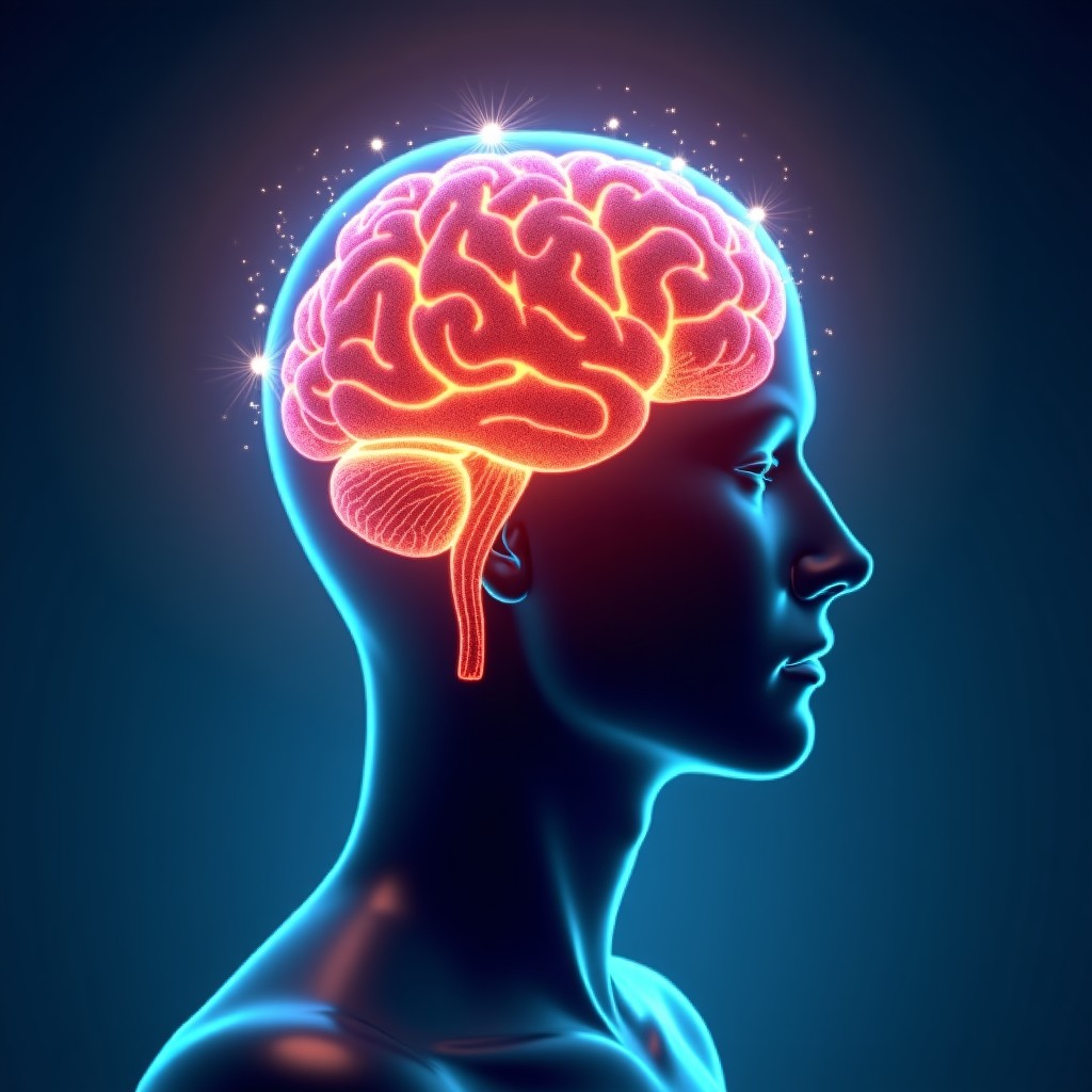 A conceptual image of a glowing digital shield protecting a human mind from distorted data streams, abstract technology, 4:3