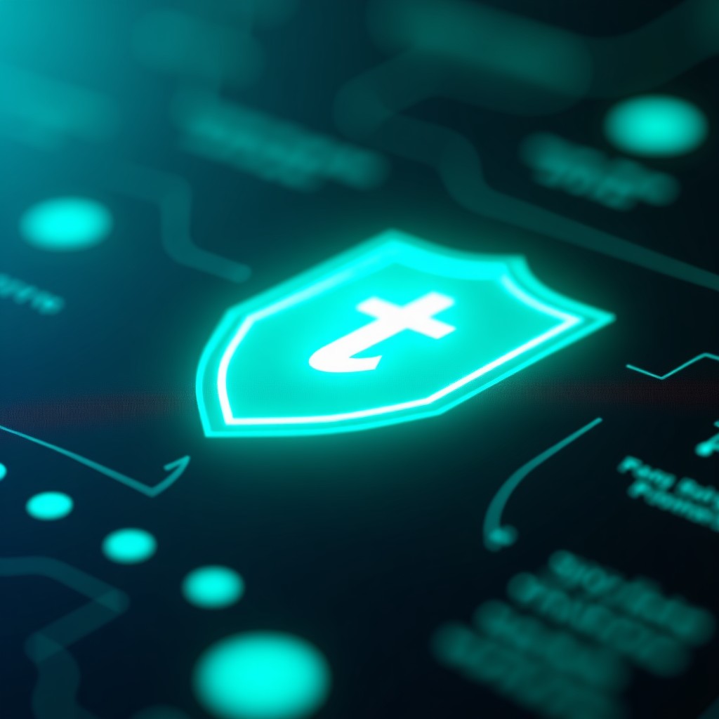 Close up of a digital shield icon on a high-tech interface, glowing blue and green, depth of field, 4:3