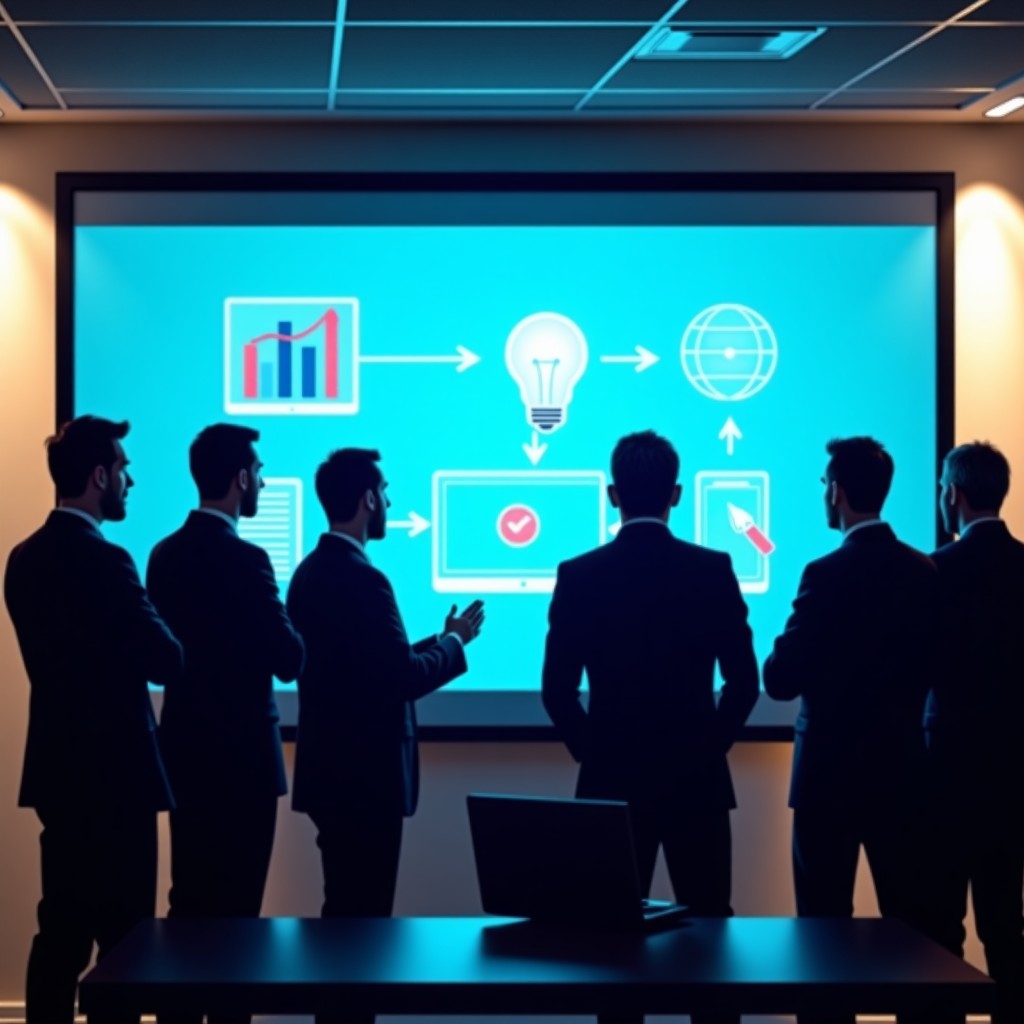 A group of diverse tech professionals in a brightly lit modern conference room, looking at a digital screen presenting software integration plans, professional atmosphere, realistic cinematic lighting, 4:3