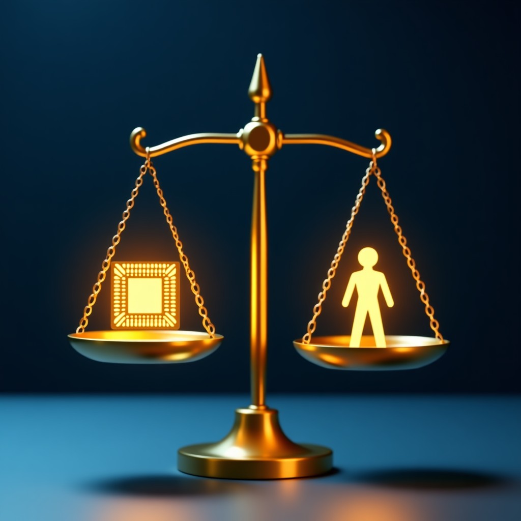 A conceptual image of a classic gold balance scale with a glowing AI microchip on one side and a symbolic human figure on the other, dark background with subtle blue light, 4:3