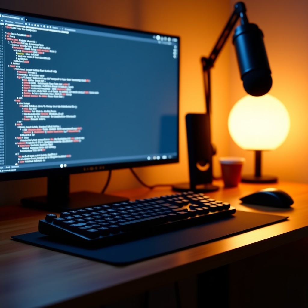 A clean and minimal workspace with a mechanical keyboard, a high-end microphone, and a monitor showing a coding environment. Warm wooden desk, cozy lighting. 4:3