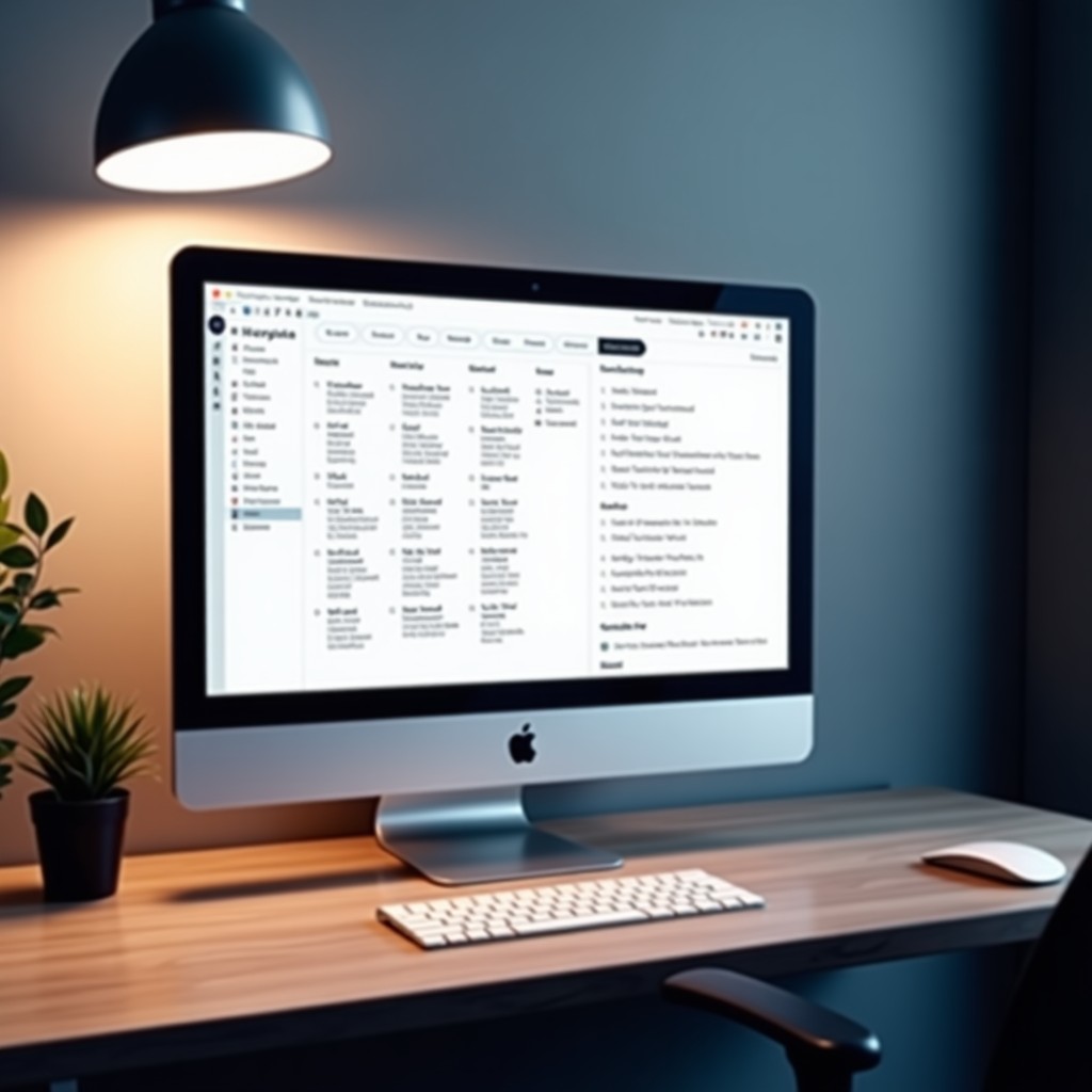 A minimalist digital workspace with a high-end monitor showing an organized document layout and a clean checklist, professional atmosphere, soft ambient light, 4:3