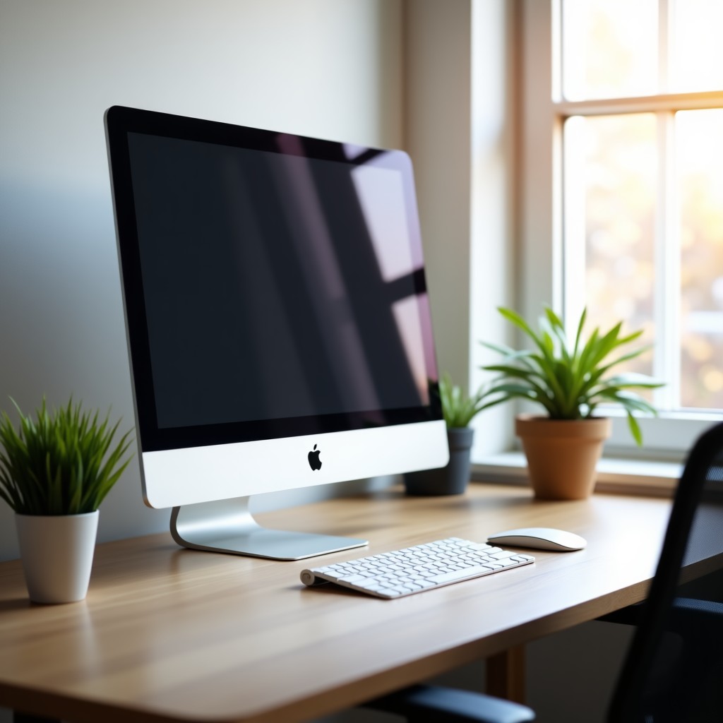 A clean and organized minimalist home office desk with a focus on a high-end monitor showing a simple note-taking app. Soft daylight coming from a window. High quality lifestyle photography. 1:1