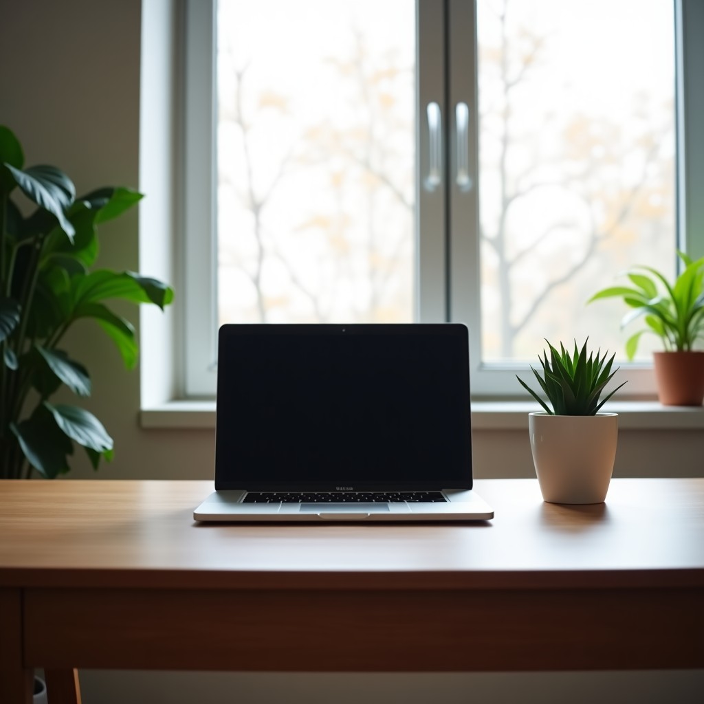 A clean and organized home office with a minimalist laptop on a wooden desk, a small green plant, soft natural light, feeling of productivity and focus, high quality photography, 4:3