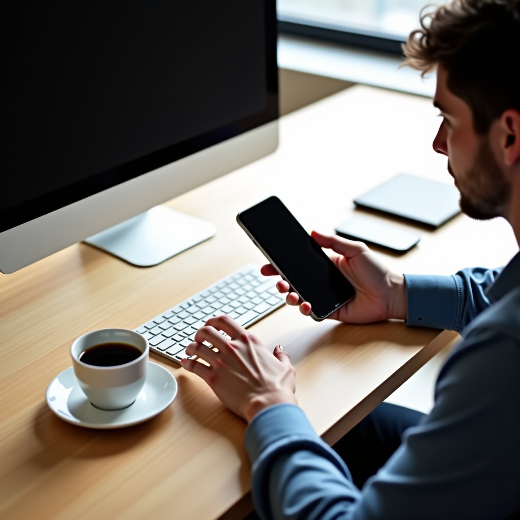 A high-angle lifestyle shot of a person using a smartphone on a clean minimalist wooden desk. Beside the phone is a cup of coffee and a thin laptop. The lighting is bright and airy creating a focused and productive atmosphere. 4:3