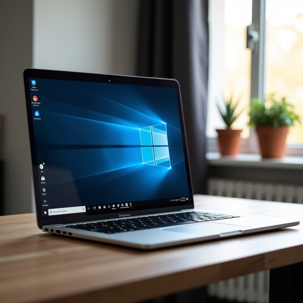A sleek laptop showing a modern Linux desktop interface with a taskbar similar to Windows. The environment is a clean home office with a minimalist desk. Professional lighting, 4:3