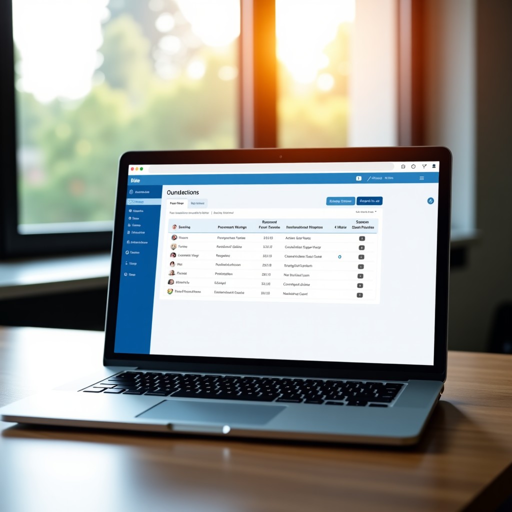 A clean and bright office setting showing a laptop on a wooden desk. The screen displays a professional automation software interface with blue and white tones. Natural sunlight coming from a window. 4:3