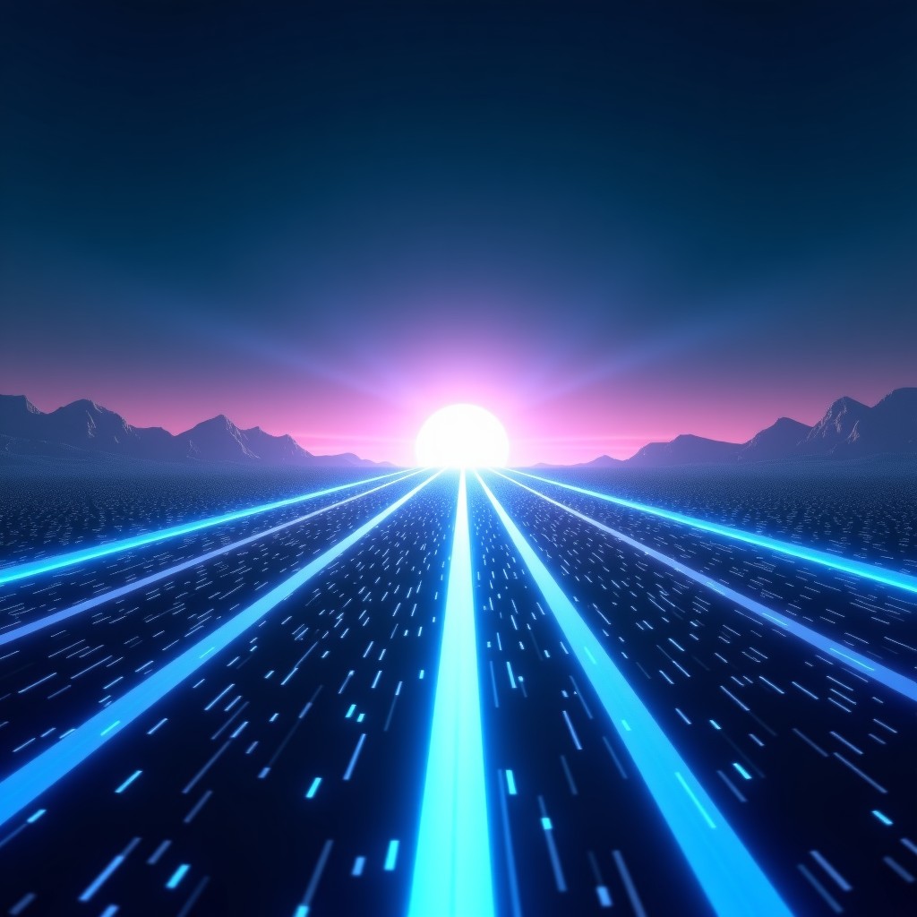 A futuristic digital highway stretching into a bright horizon, glowing lines of code on the surface, represent progress and future technology, wide angle, 4:3