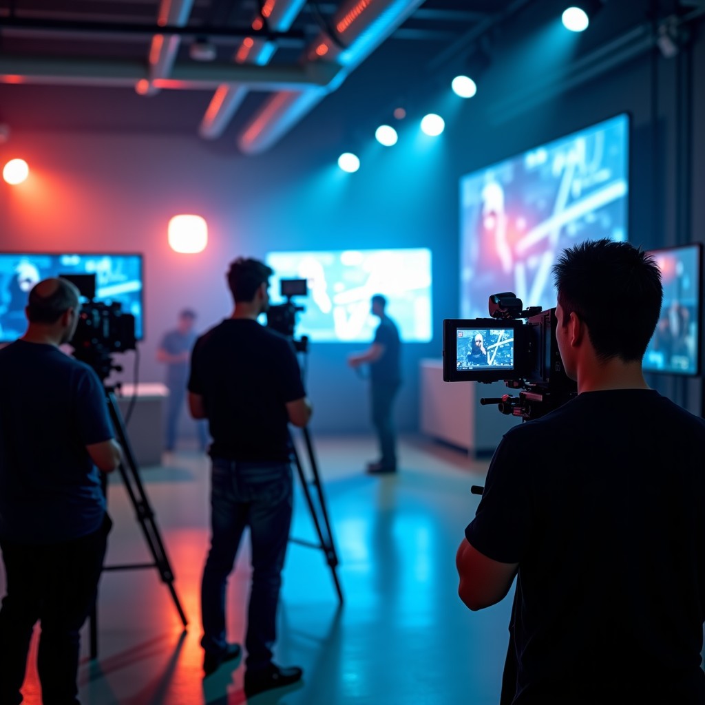 Modern film production set with professional cameras and digital monitors showing visual effects, cinematic lighting, wide shot, 4:3 aspect ratio.