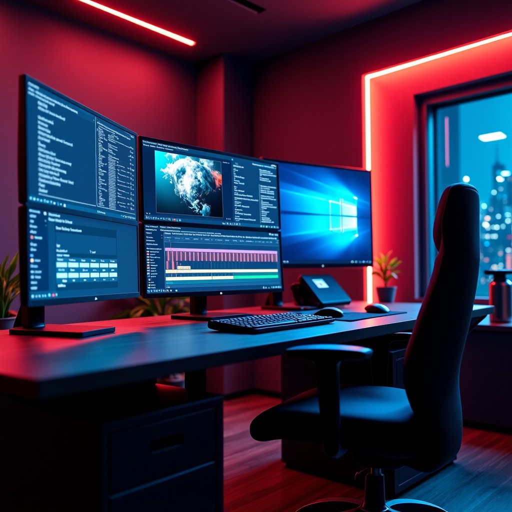 A cinematic high-tech studio environment with large monitors displaying advanced AI video editing software interfaces, professional and sleek, 4:3 aspect ratio