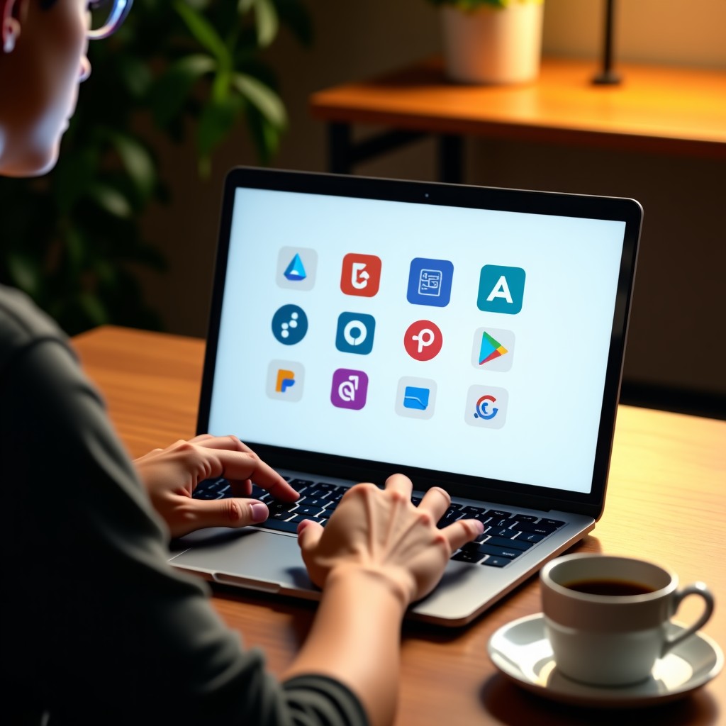 A person sitting at a minimalist wooden desk using a sleek laptop, comparing different productivity software icons on a clean interface. Warm indoor lighting with a coffee cup nearby. High contrast and modern layout. 1:1