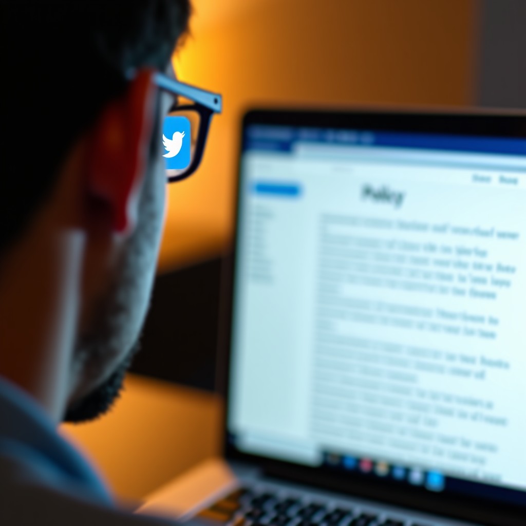 Close up of a person focused on a laptop screen showing a policy document with a social media bird logo reflected in their glasses. Warm indoor lighting, shallow depth of field, 4:3.