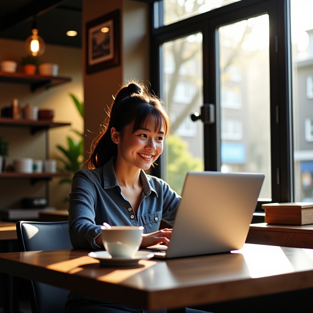A person looking relaxed while working on a laptop in a cozy cafe, wooden table, a cup of coffee next to the computer, soft sunlight filtering through windows, 4:3