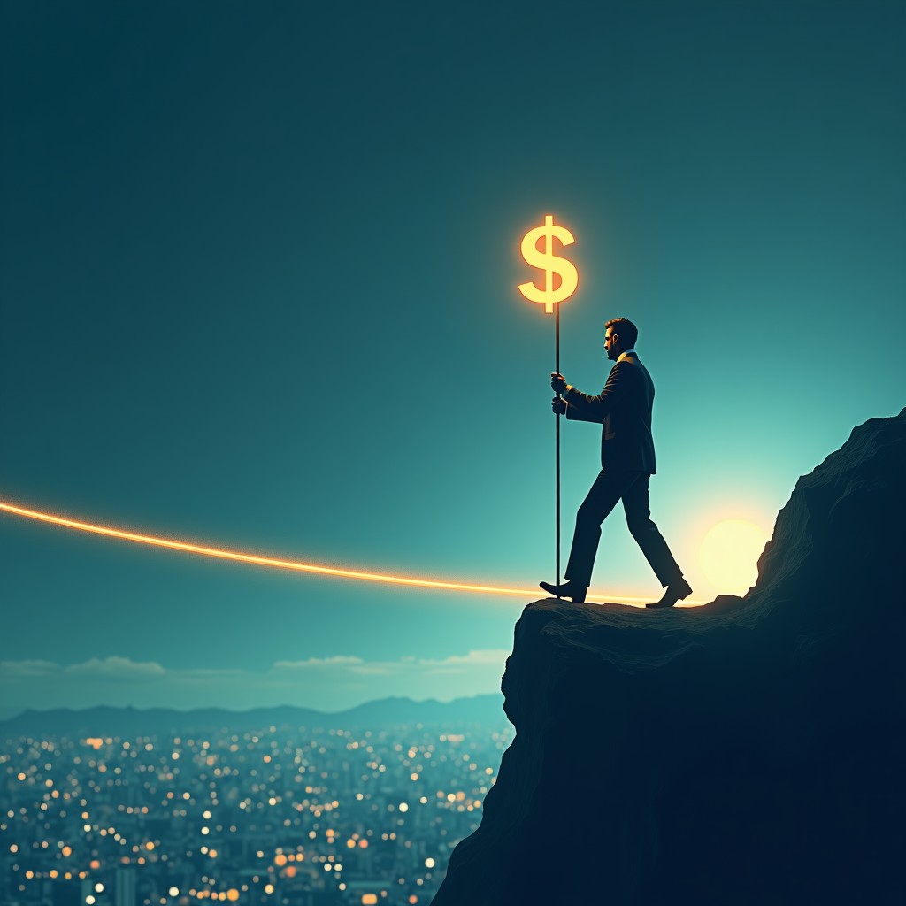 A metaphorical image of a person dressed in a business suit walking a thin glowing tightrope high above a digital landscape of binary codes and data streams. They are carrying a balance pole with $ signs on both ends. The atmosphere is tense and dramatic. 4:3