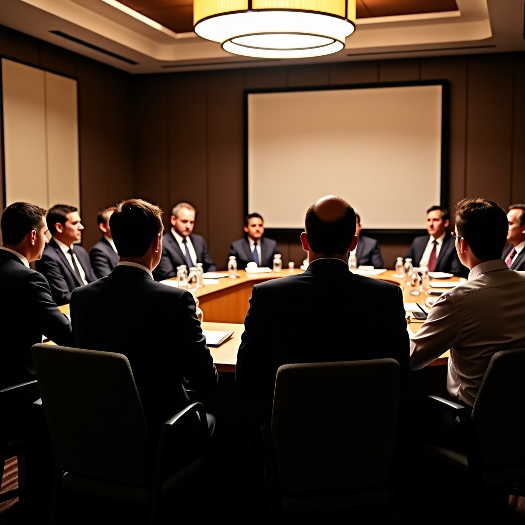 A group of diverse people from different political and social backgrounds sitting in a semi-circle inside a dimly lit modern hotel conference room in New Orleans, intense discussion atmosphere, professional photography style, cinematic lighting, 4:3