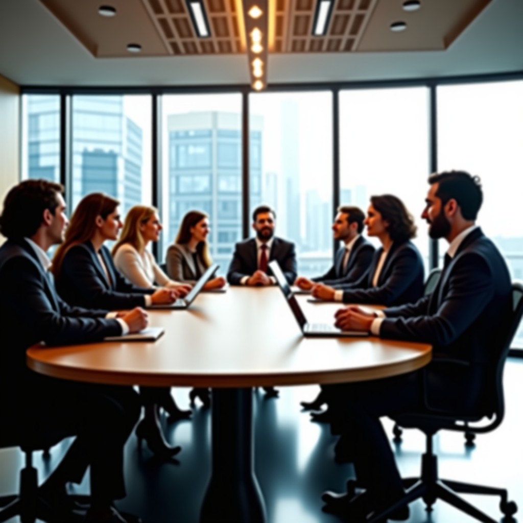 A diverse group of professional experts from different ethnic backgrounds sitting around a large oval wooden table in a modern glass-walled conference room discussing digital ethics, natural sunlight, 4:3