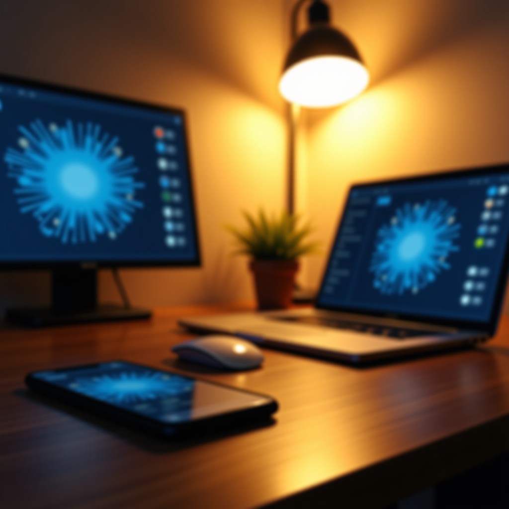 A clean and organized workspace with a smartphone a tablet and a laptop. Warm desk lamp lighting. High contrast and realistic textures. 4:3