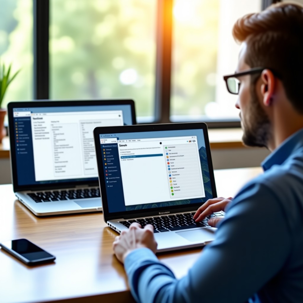 A modern professional workspace with multiple digital devices like a laptop, tablet, and smartphone displaying various note-taking application interfaces. The lighting is bright and natural, creating a productive atmosphere. No text on screens. 4:3