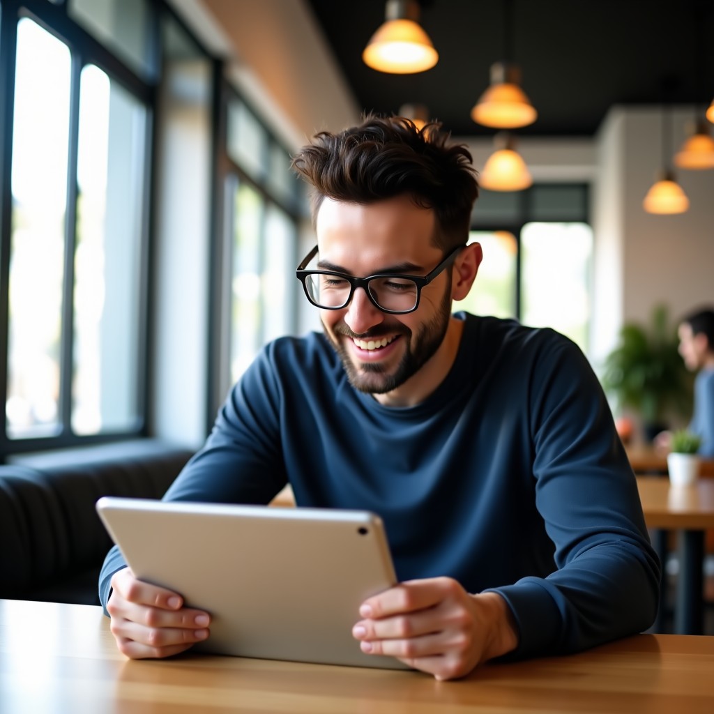 A creative person comparing different productivity applications on a tablet and a smartphone in a bright modern cafe, natural lighting, focused expression, lifestyle photography, 4:3