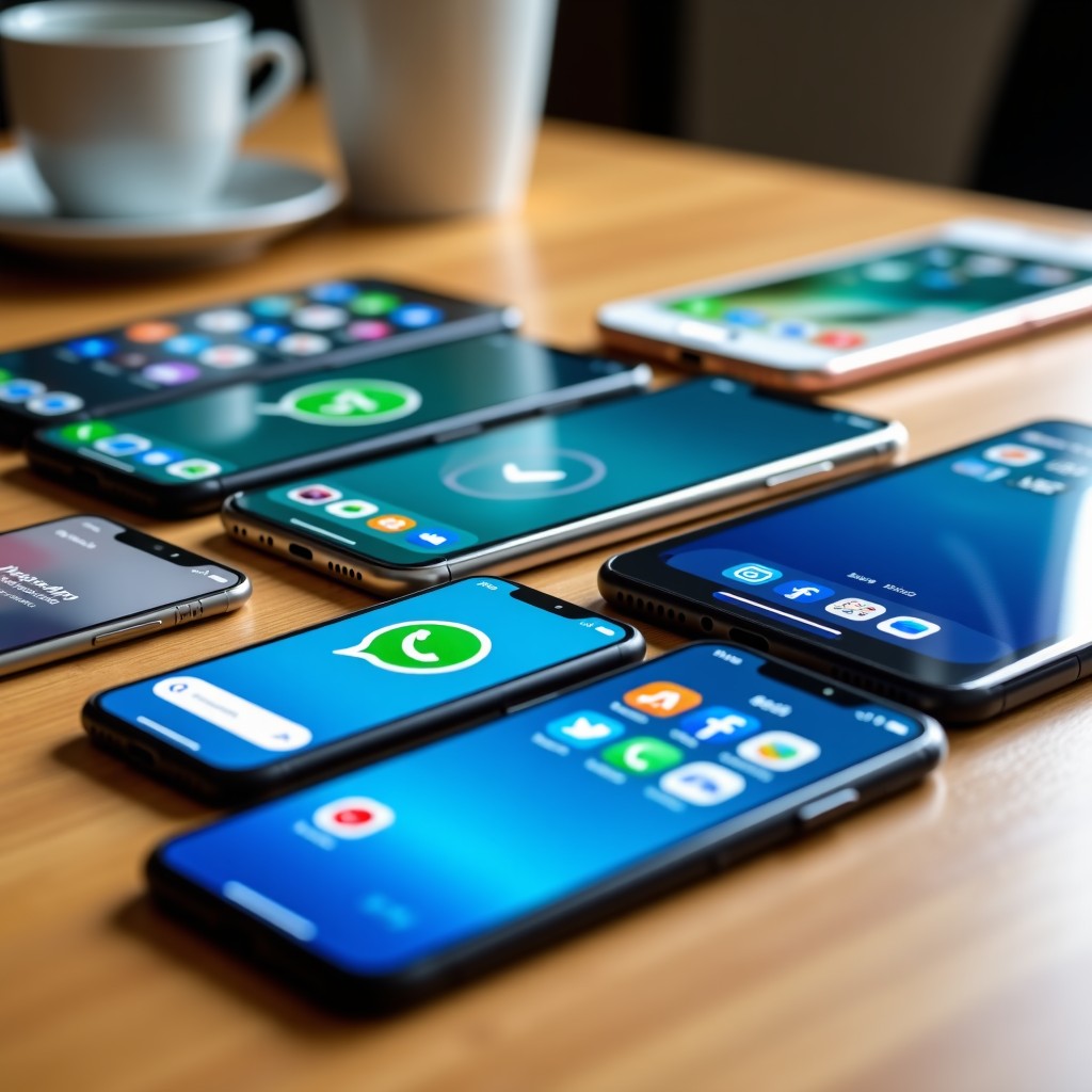 Multiple smartphones and devices displaying various social media app icons like WhatsApp, Telegram, and Facebook arranged neatly on a wooden desk. Bright daylight, lifestyle photography. 4:3
