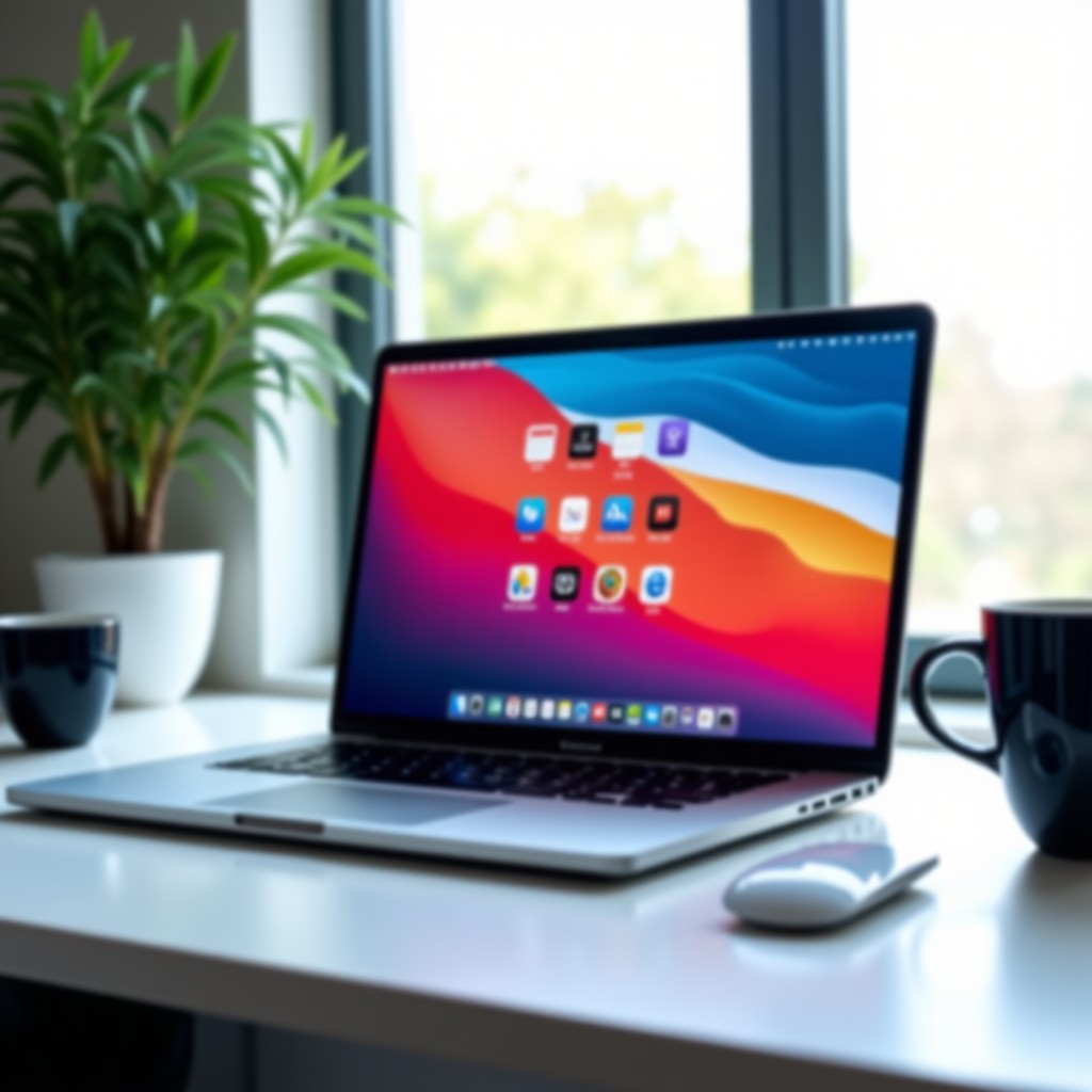 A modern and clean workspace with a laptop showing a stylized multi-colored operating system desktop interface. Surrounding the laptop are subtle icons representing different software platforms. Bright natural lighting from a window, professional setup, high resolution, 4:3