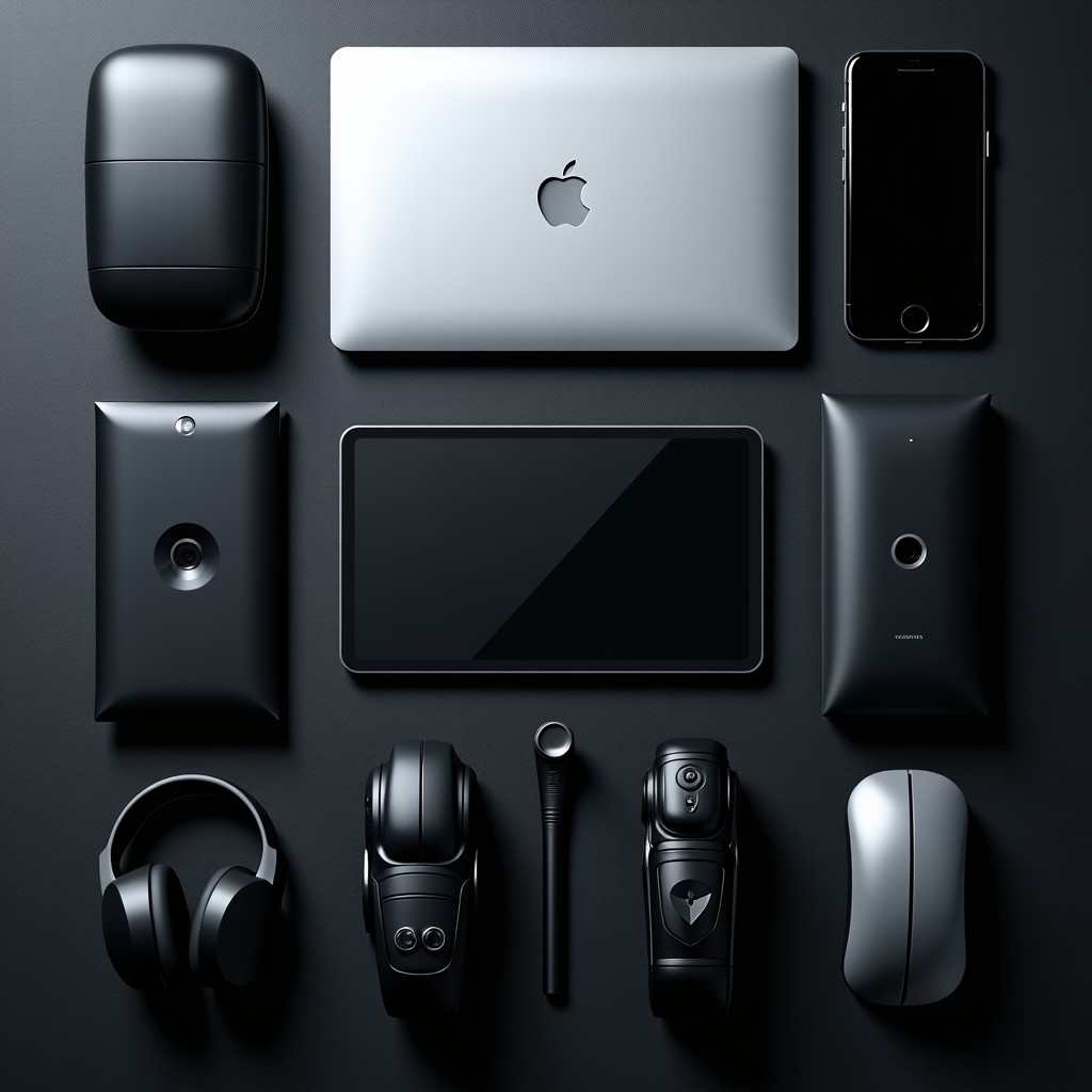 A flat lay of professional tech gadgets on a textured dark desk surface, representing modern business communications, 4:3 aspect ratio